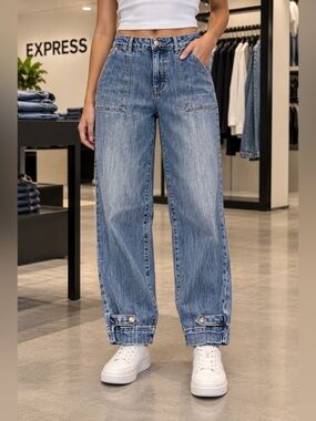 Express Women's Boyfriend Jeans in Washed Blue Denim